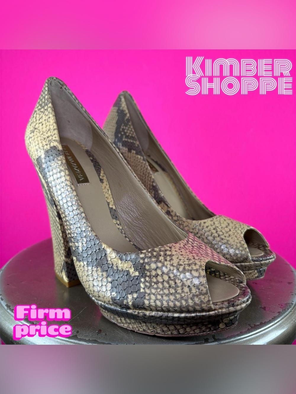 BCBG Dahlia Snake Embossed Leather Peep Toe Platform Pumps US 7